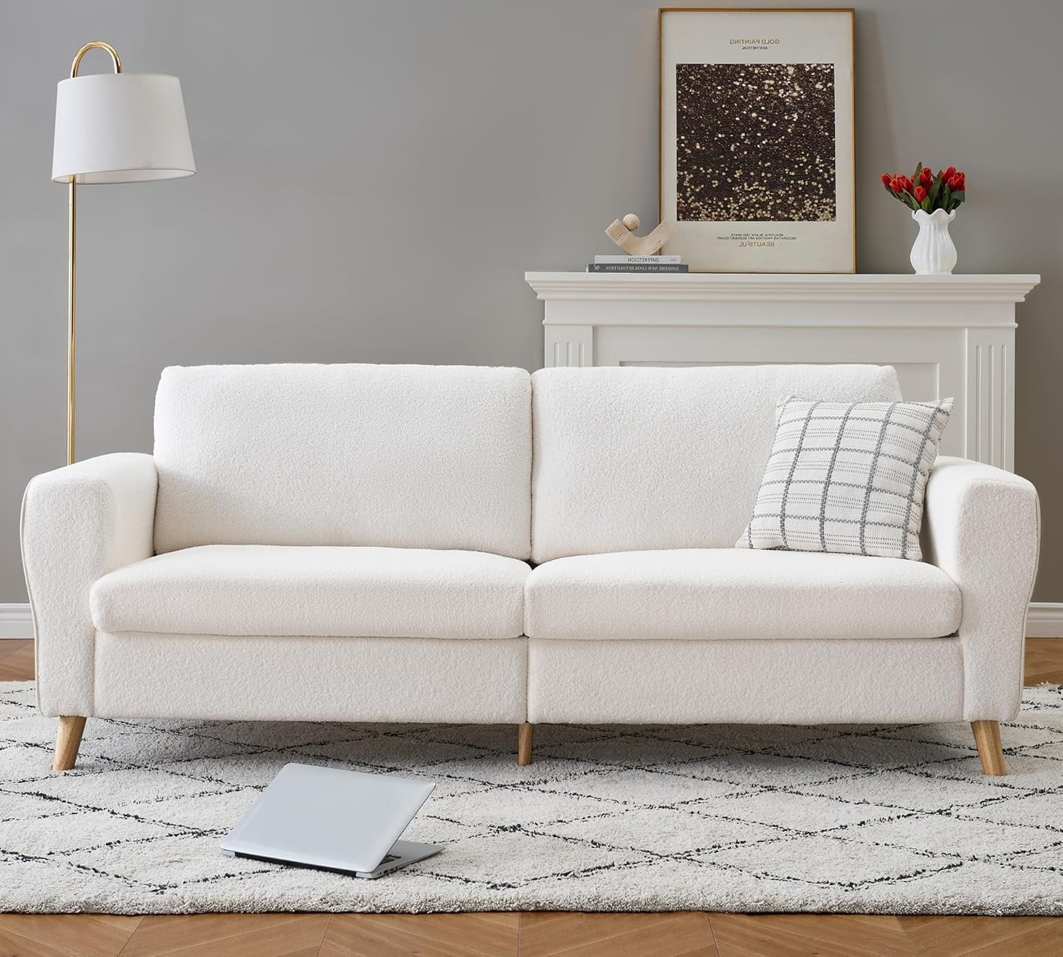 Garvee 84-Inch Bouclé Sofa Couch with Streamlined Armrests and Wood Feet, Modern 3-Seater Loveseat Sofa for Living Room, White