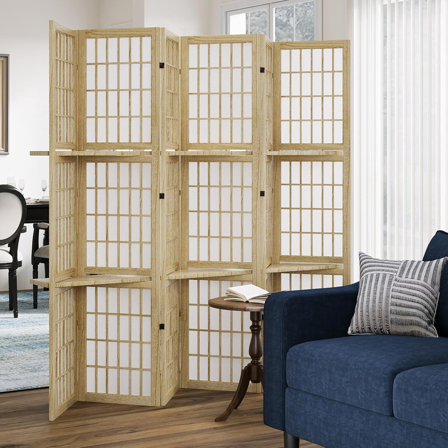 5.6FT Room Divider and Folding Portable Partition Screen, Chinese Japanese Shoji Style with Three Display Shelves for Room Separation - 6 Panel (Natural)