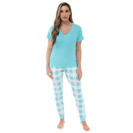 

Just Love Women s 100% Cotton Short Sleeve Pajama Sets in Tie Dye Print (Buffalo Plaid - Blue White Large)