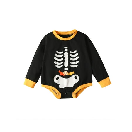

Carolilly Baby Romper Halloween Skeleton Candy Print Long Sleeve Crew Neck Bottom Snap Jumpsuit