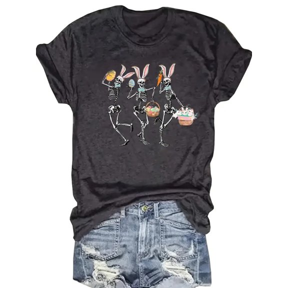 Funny Skeleton Easter Bunny Graphic T-Shirt, Humorous Egg Hunt Spooky Holiday Tee, Cute Unisex Celebration Top for Adults