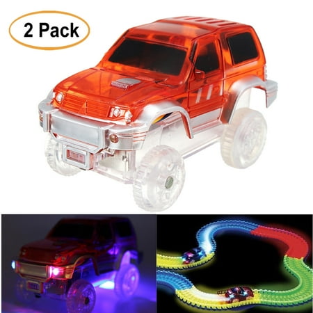 2 Pack LED Light Up Mini Car Toys for Magic Tracks Electronics Flashing Lights Car Toys Kids