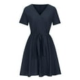 thumbnail image 5 of Itsame Women Summer Dress Pocket Solid Color V-neck Cotton Thin Dress Navy Size S, 5 of 7