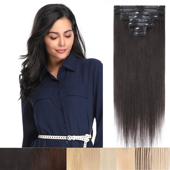 MY-LADY 8PCS/set 100% Remy Human Hair Clip in Hair Extensions Long Soft for Women Straight Natural Human Real Hairpiece 22inch #1B Natural Black