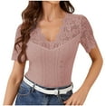thumbnail image 2 of Summer Homenesgenics Womens Tops under $5 Women's Fashion V-Neck Lace Solid Color Short Sleeve Blouses Beige L, 2 of 6