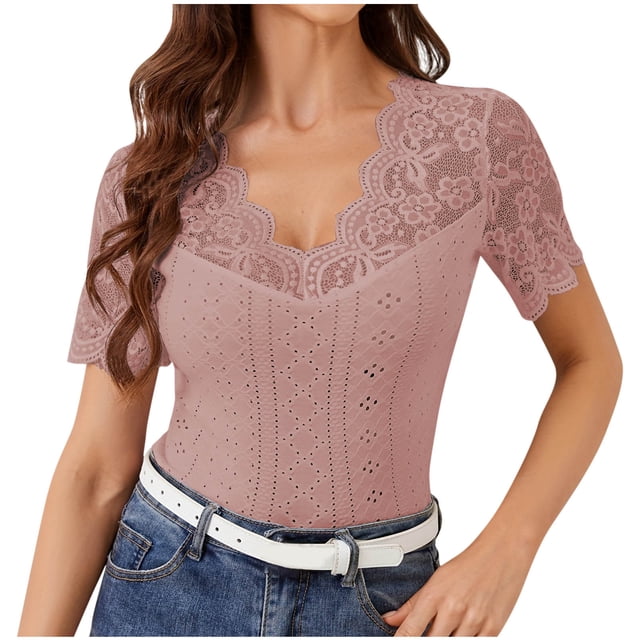 SwiftWear Women's Elegant Floral Lace Ruffle Trim V-Neck Blouse - Keyhole Back Detail Short Sleeve Fitted Sheer Top