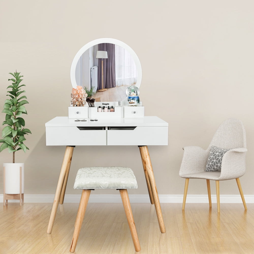 Ktaxon Vanity Table Set With Round, Makeup Vanity Table With Mirror And Bench