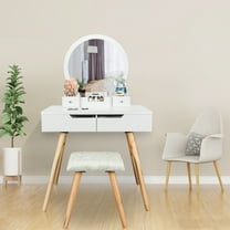 Ktaxon Vanity Table Set with Round Mirror & 4 Drawers Makeup Dressing Table with Cushioned Stool White