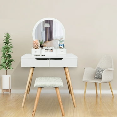 Ktaxon Vanity Table Set with Round Mirror & 4 Drawers Makeup Dressing Table with Cushioned Stool White