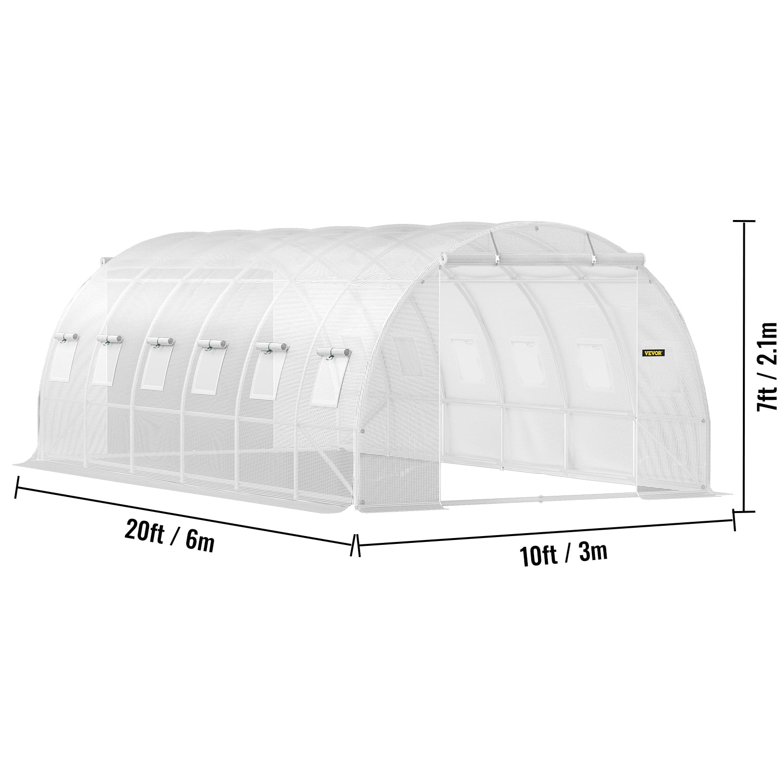 VEVORbrand Walk-in Tunnel Greenhouse, 20 x 10 x 7 ft Portable Plant Hot House w/ Galvanized Steel Hoops, 3 Top Beams, Diagonal Poles, 2 Zippered Doors & 12 Roll-up Windows, White