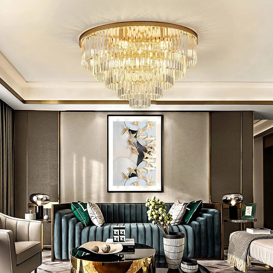 31.5" Round Postmodern Crystal Flush Mount Ceiling Light with Remote - 5-Tier Transparent K9 Prisms & Gold Iron Finish for Living Room/Bedroom