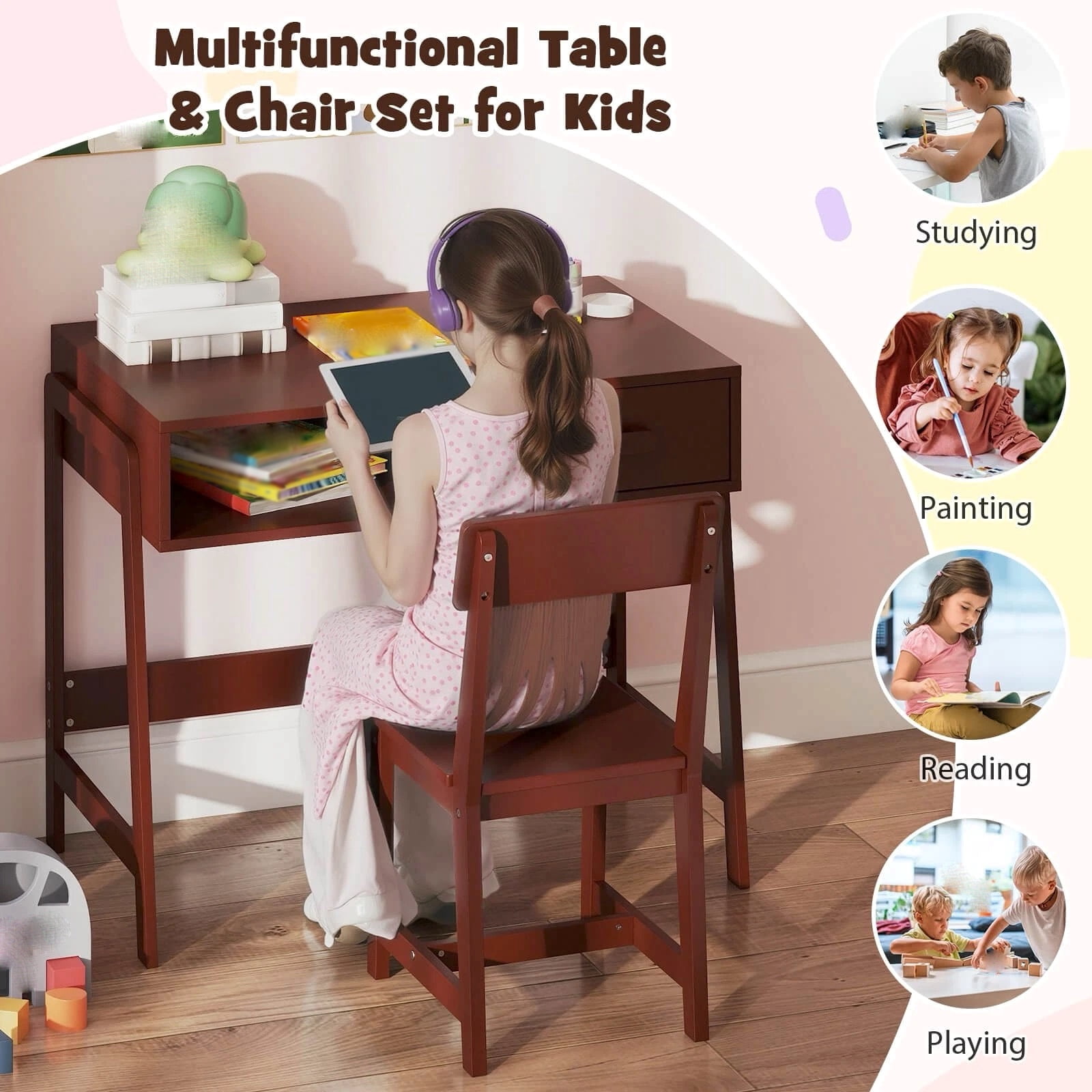 Auranook Kids Desk and Chair Set, Wooden Children Study Table Set with Storage Drawer, Student Writing Desk Set for Bedroom and Study Room