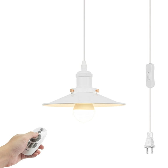 Kiven Plug in Pendant Light, Dimmable Hanging Light with Remote Control, Modern Hanging Light Fixture with 15FT Cord Adjustable Height for Bedroom Foyer Hallway Kitchen Island, White Finish