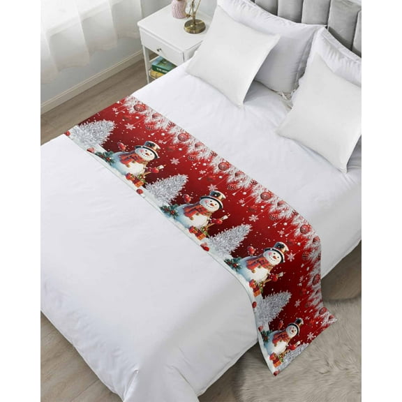 Red Christmas Bed Runner for Twin Size Bed, Xmas Snowflake Balls Tree Bedspread Protector Slipcover Bed Scarf for Foot Bed Runners & Scarves for Bedroom Hotel Wedding Room 71x20 Inches
