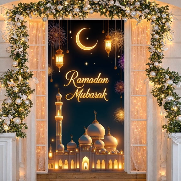 Golden Ramadan Banner Crescent Moon Islamic Display Lantern Shiny Mubarak Backdrop for Ramadan Celebration Islamic Festival Religious Gathering