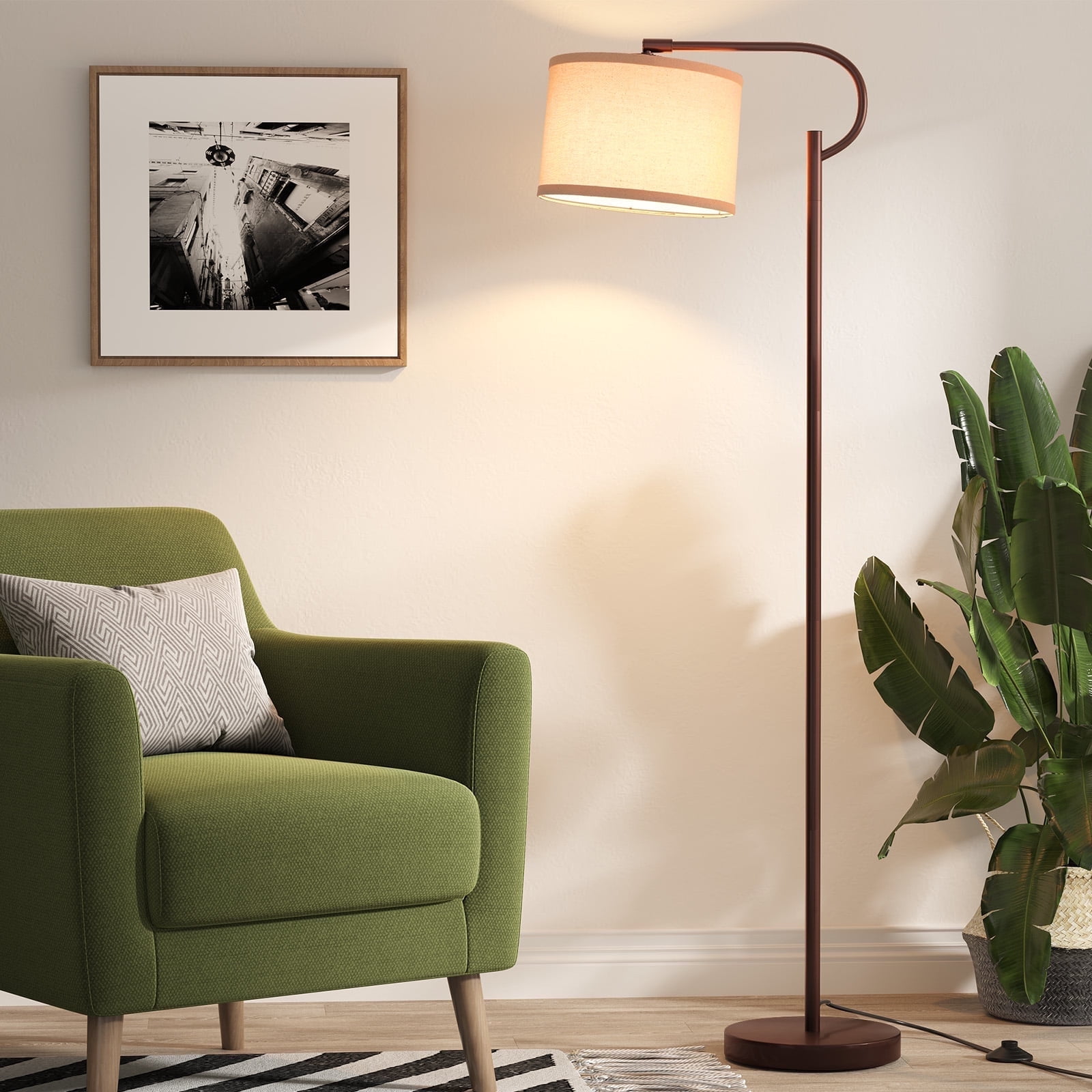 SUNMORY Arc Floor Lamps for Living Room, Dimming Standing Lamp with Linen Shade, 63" Tall lamp with 3 Color Temperature LED, Metal Modern Floor Lamps for Bedroom, Office, Bulb Included, Brown