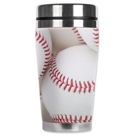 

Mugzie brand 20-Ounce MAX Stainless Steel Travel Mug with Insulated Wetsuit Cover - Close-up of Baseballs