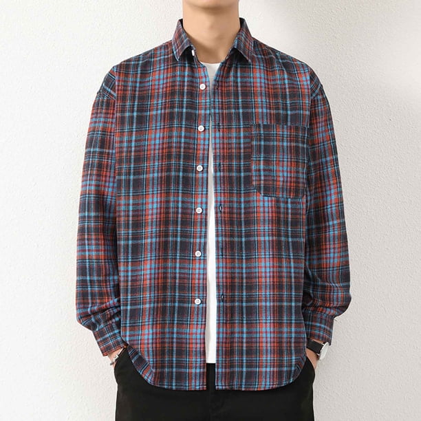 Blusa y camisa de manga larga con cuello vuelto para hombre, informal, con estampado y bolsillo, de poliéster