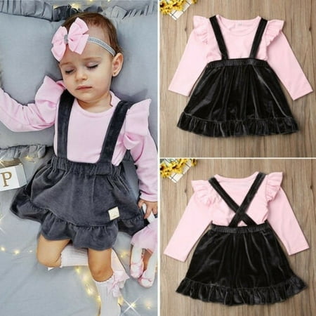 

Toddler Kids Baby Girls Autumn Clothes Sets Long Sleeve Pink Cotton Tops Velvet Skirt Overalls Outfits 1-5Y