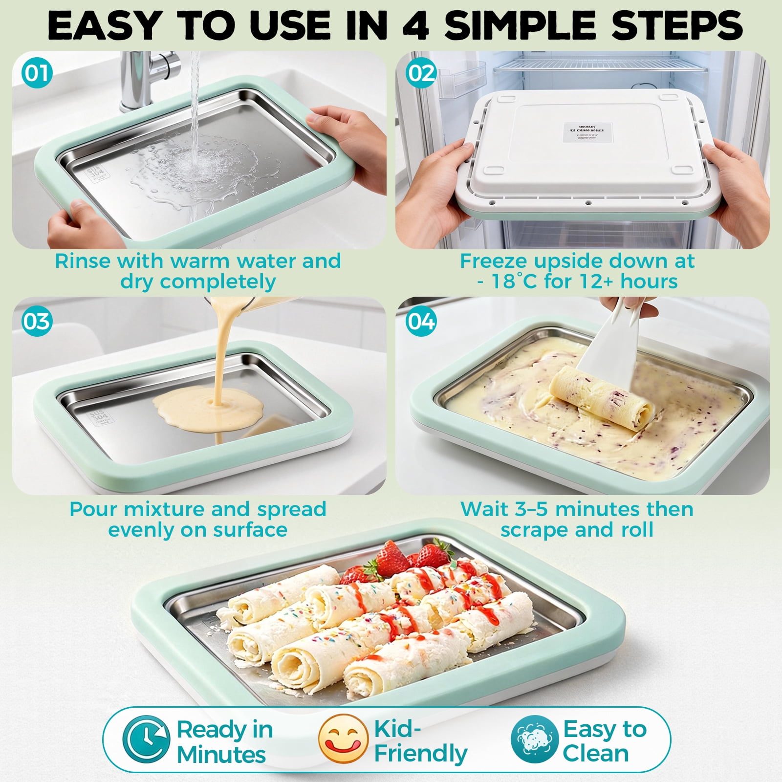 Rolled Ice Cream Maker with Quick Start Guide - DIY Instant Ice Cream Tray Kit, 2 Scrapers for Manual Homemade Ice Cream Rolls, Frozen Yogurt, Sorbets & Slushies, No Electricity Needed（green）