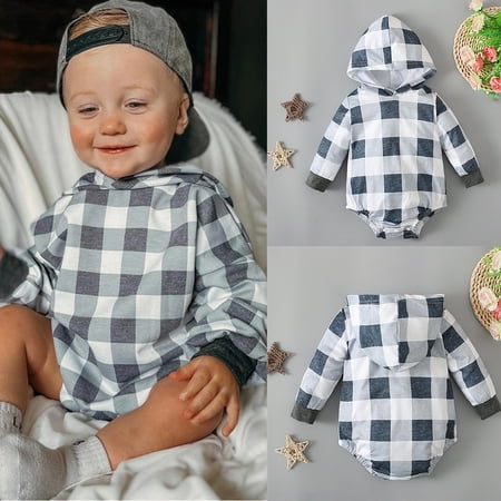 

NIUREDLTD Toddler Kids Boys Plaid Prints Long Sleeves Hooded Romper Jumpsuit Cloths