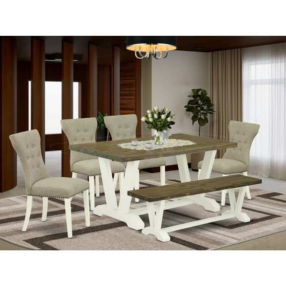 Kitchen Table Set with 4 Chairs & Bench - Distressed White Dining Set