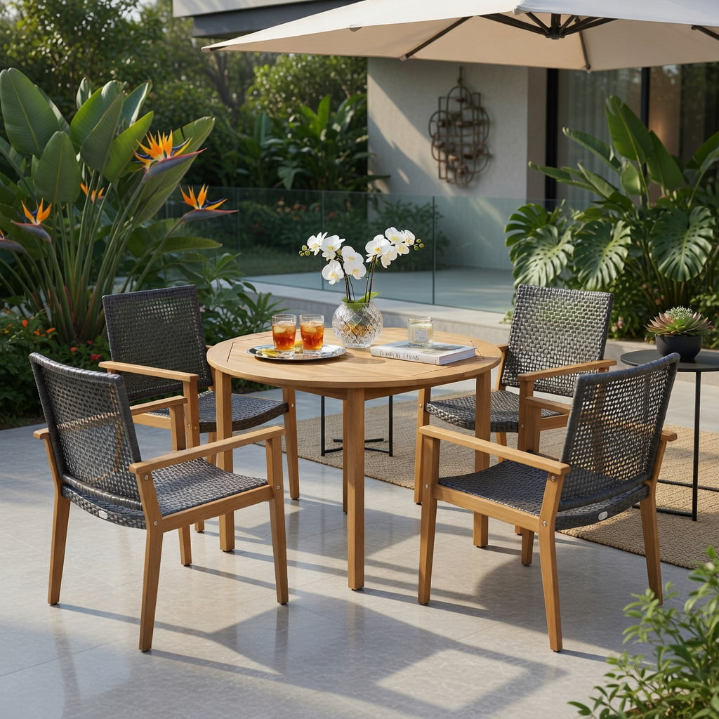 Hommoo Set of 4 Outdoor Rattan Dining Chairs with Natural Acacia Wood Frames, Weather-Resistant PE Wicker, Sturdy X-Frame Design, Ideal for Patio, Backyard, Poolside & Balcony, Brown
