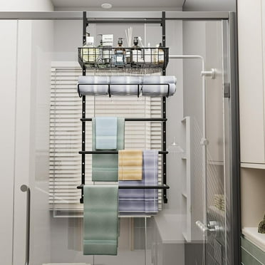 x-Cosrack Over The Door Towel Rack Adjustable Towel Holder with Hook, 5-Tier Bathroom Towel Holder Wall Mounted, Black