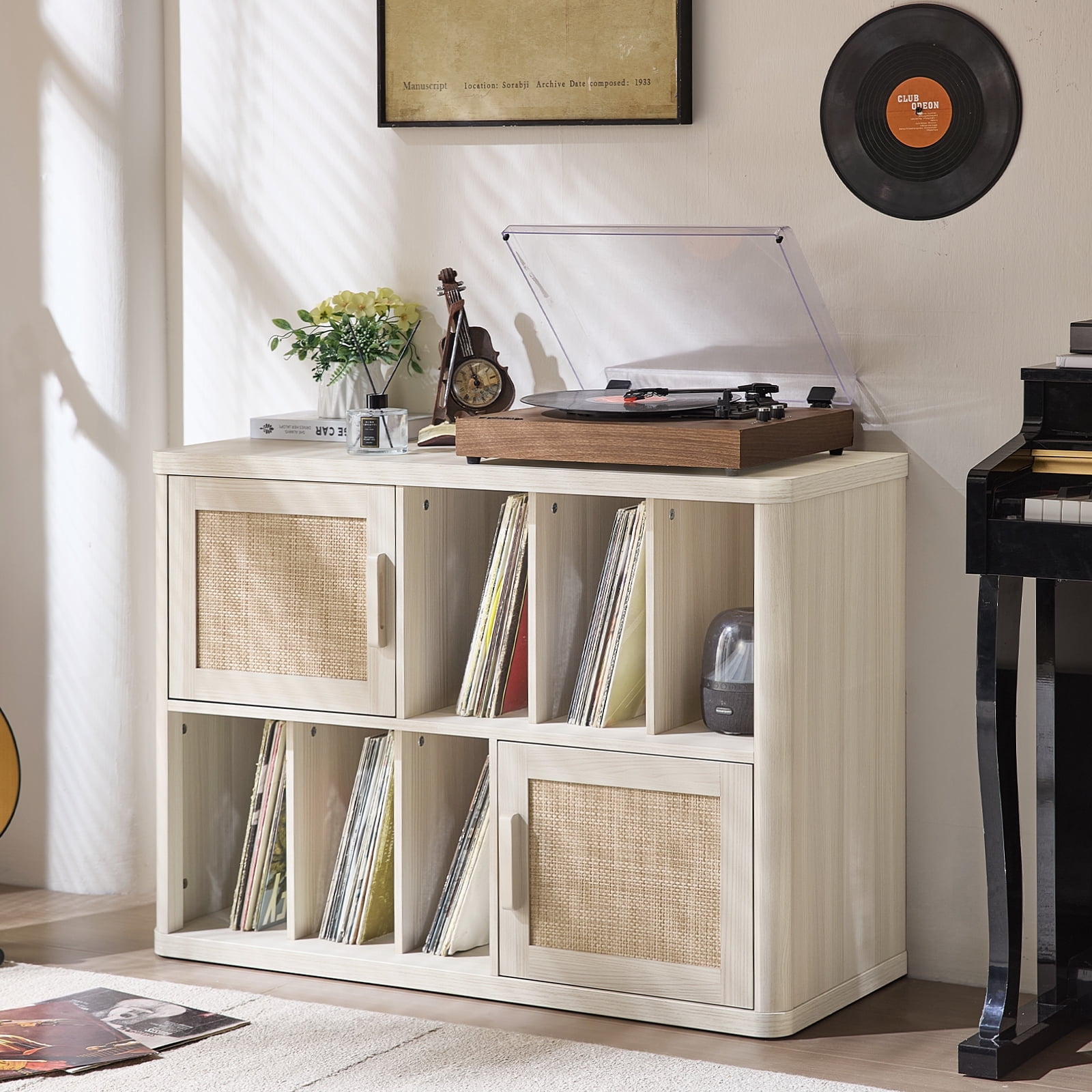 LELELINKY Rattan Record Player Stand, Large Turntables Stand with Vinyl Record Storage Holds up to 450 Albums, Record Player Table for Living Room Office, White