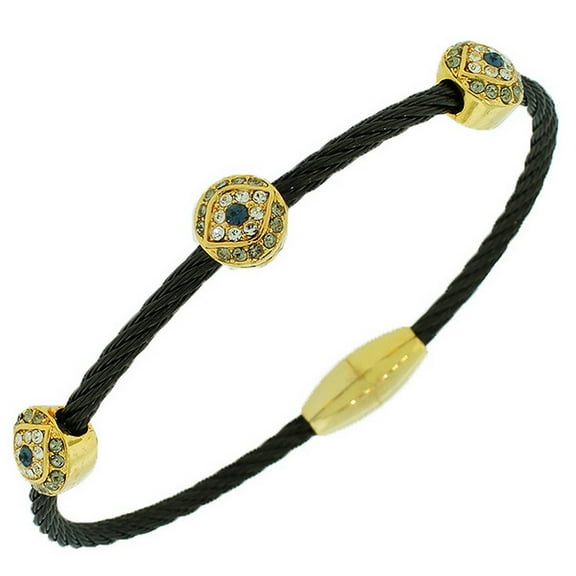Fashion Alloy Black Yellow Gold-Tone White CZ Evil Eye Bangle Bracelet