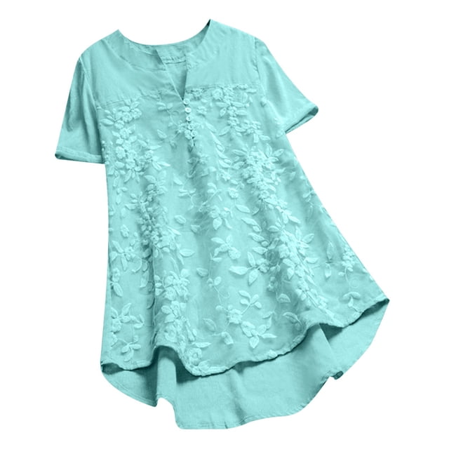 Pompotops Blouse d'Été Mode Décontractée Ample Broderie Dentelle Patchwork Manches Courtes Col en V pour Femmes