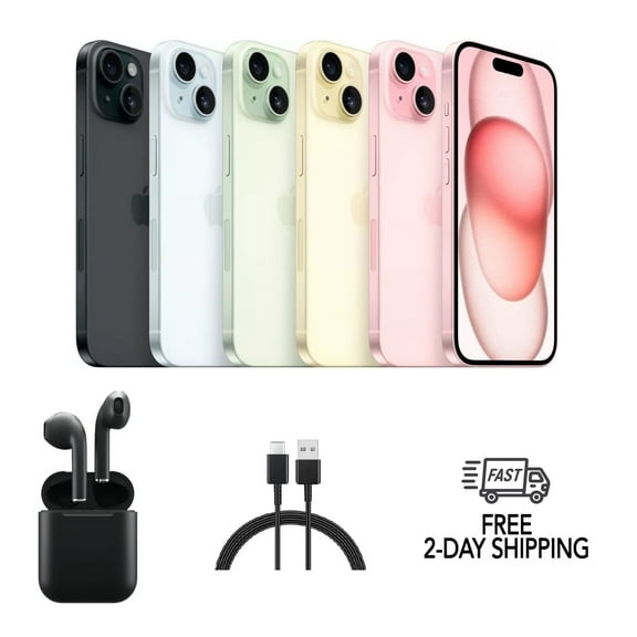 Pre-Owned Apple iPhone 15 A2846 (Fully Unlocked) 128GB Black w/ Wireless Earbuds