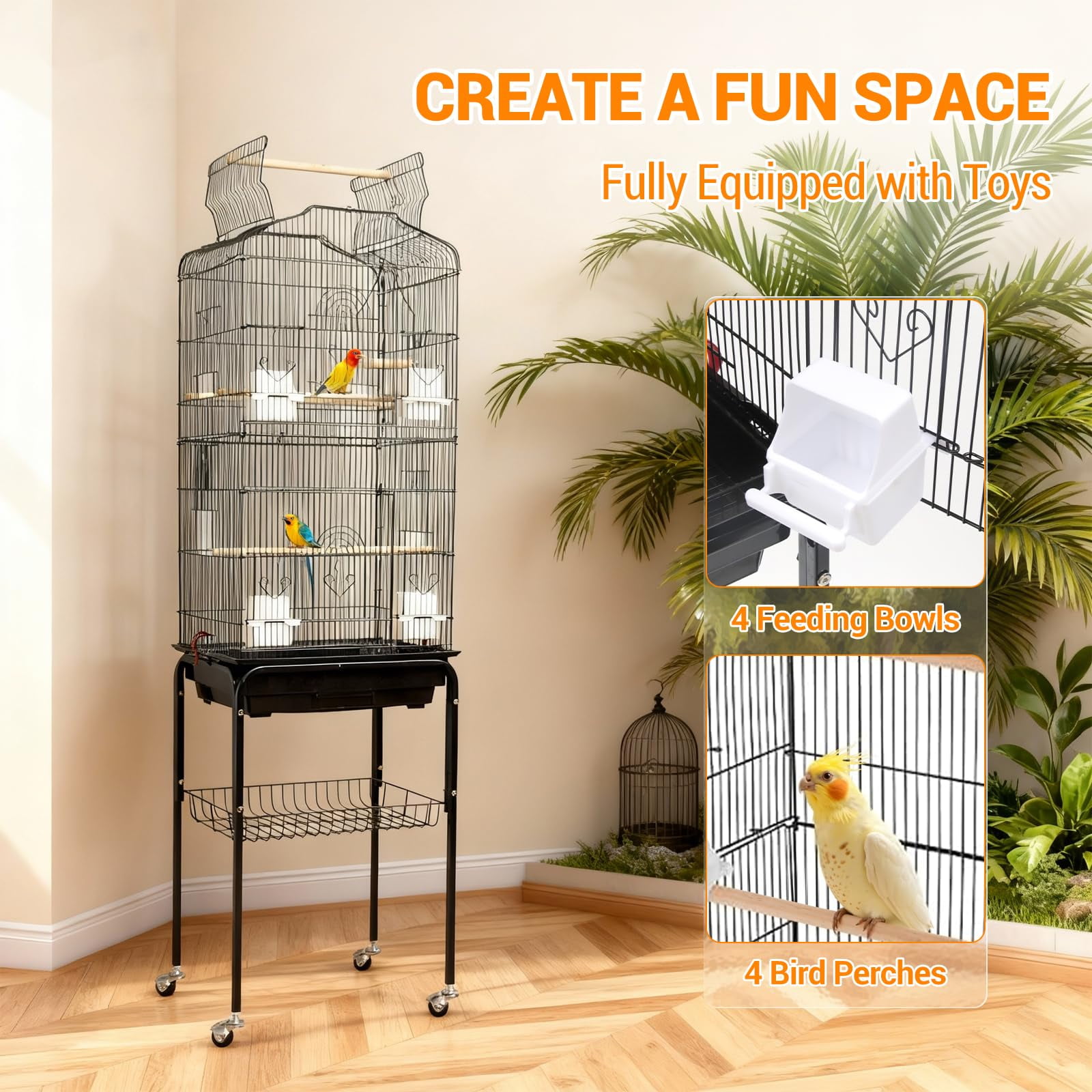 Litake Birdcage, Playtop Parrot Cage, Wrought Iron Bird Cage with Rolling Stand, Heavy-Duty Pet Bird House with Storage Shelf, Playtop Parrot Cages Heavy-Duty Pet Birds House Black