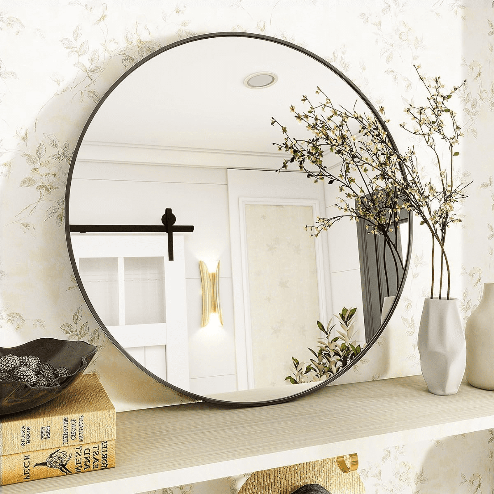 VORENTA 20" Bathroom Mirror Round Wall Mirror Vanity Mirror with Metal Frame, Black