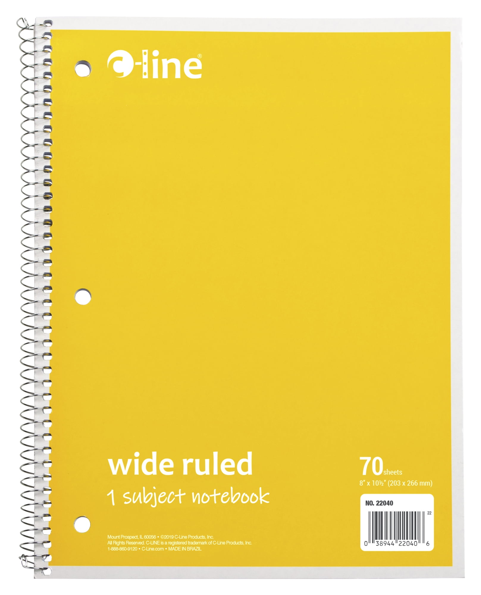 C-Line 1 Subject Notebook, 8 x 10-1/2 Inches, Wide Ruled, Yellow, 70 Sheets