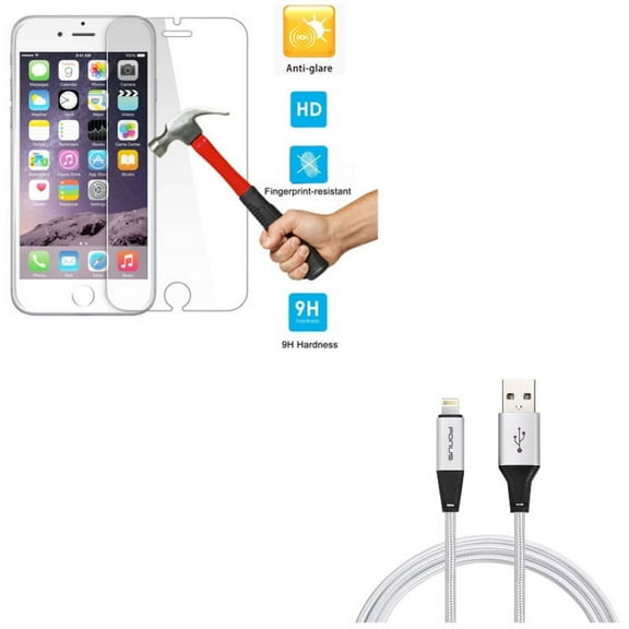 iPhone 8/7/6S/6 - Charger Cord 6ft USB Cable w Anti-Glare Screen Protector - Power Wire Braided Long Sync, Tempered Glass Matte 2.5D Curved Edge Anti-Fingerprint for iPhone 8/7/6S/6