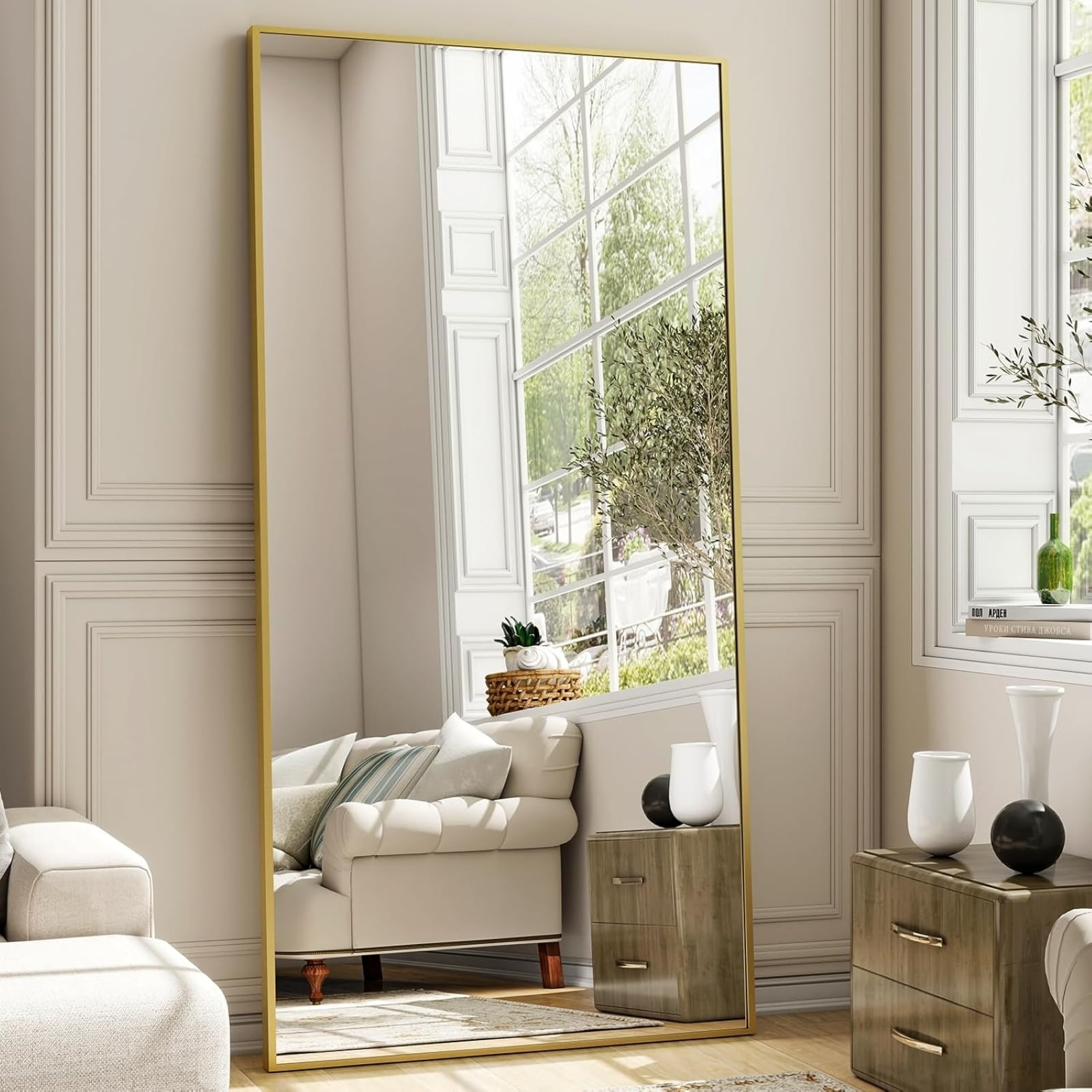 Lumora 76"x34.1" Full Length Floor Mirror Rectangular Freestanding Leaning Wall-Mounted Mirror, Gold