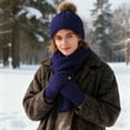 thumbnail image 6 of Winter Hat Beanie Long Scarf Gloves Set, 3Pcs Soft Solid Color Knitted Gloves Cap Scarf Set for Women Men (Navy), 6 of 6