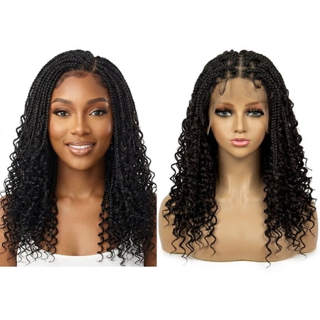360 Lace Front Wigs for Women HD Lacefrontal Hair Wig Curly Braided Synthetic Lace frontal Wig Pre Styled Natural Looking with Baby Hair Glueless Wear (Black 16inch)
