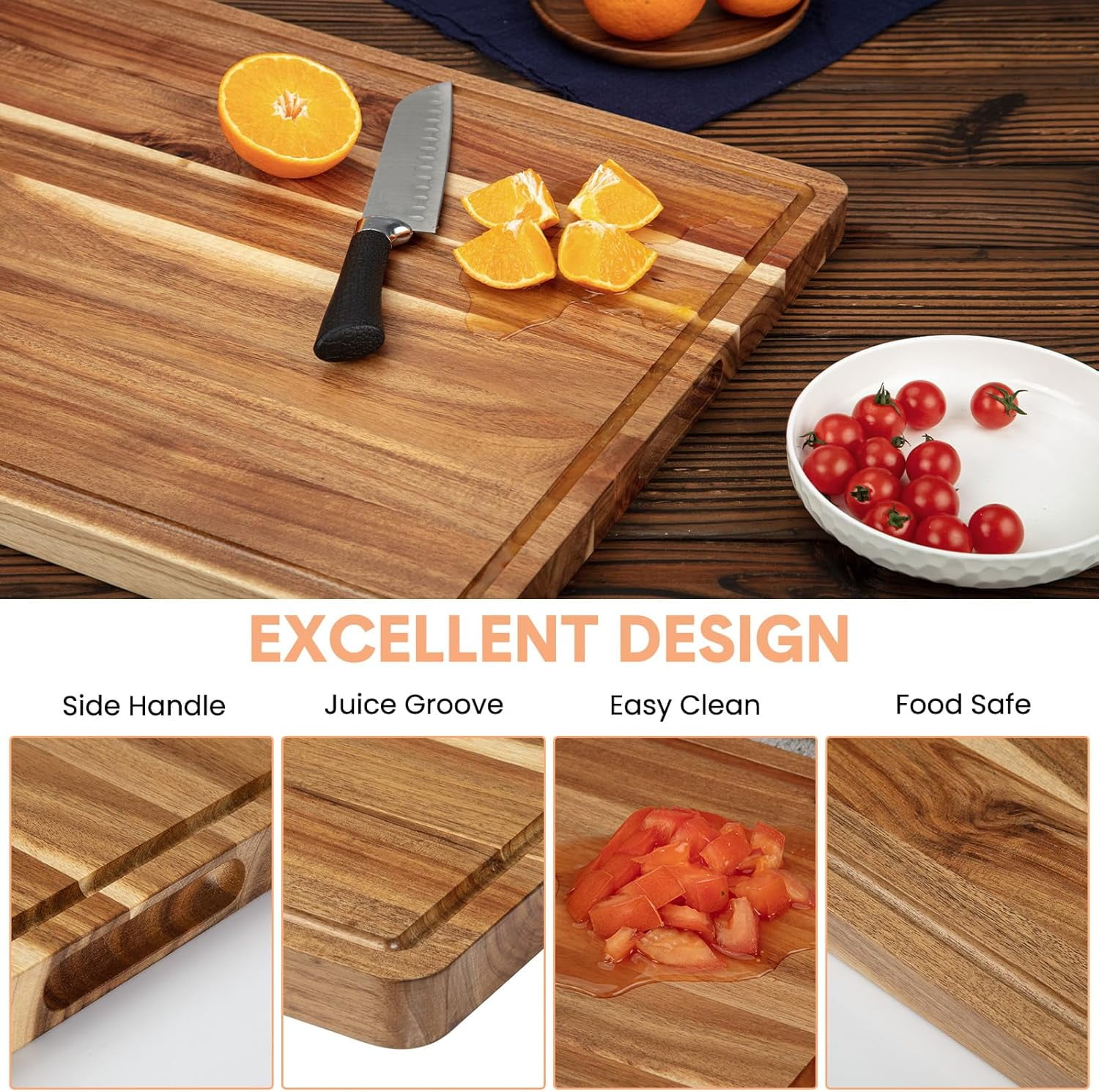 Acacia Wood Cutting Board Extra Thick Heavy Duty Chopping Board 24x18x1.2" Large Kitchen Board Durable Edge Grain Design with Juice Grooves for Cooking
