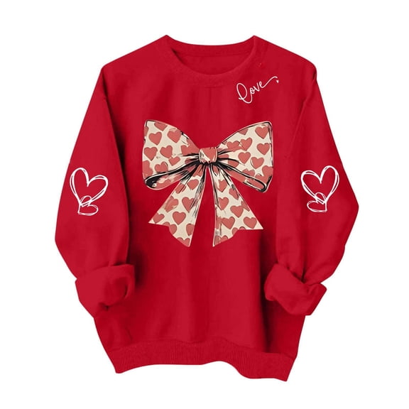 Valentine's Day Sweatshirt for Women Red Bow Design Oversized Heart Print Casual Crewneck Gift for Her,Size L