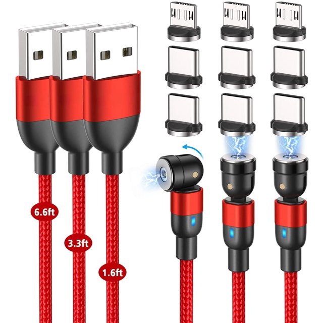 Charging Cable(3-Pack, 1.6ft/3.3ft/6.6ft), 360°&180° Rotation Magnetic Phone Charger Cable, 3 in 1 Nylon Braided Magnetic Cable Compatible with Micro