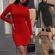 thumbnail image 2 of Red S Minivestido ajustado a la cadera con cintura alta fruncido liso con cuello redondo y manga larga para mujer, 2 of 5