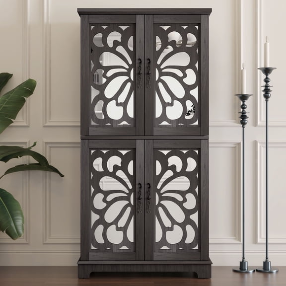 CQSXDA Contemporary Storage Cabinet With Adjustable Shelves, MDF Buffet Sideboard With 4 Acrylic Mirrored Doors, Dark Brown