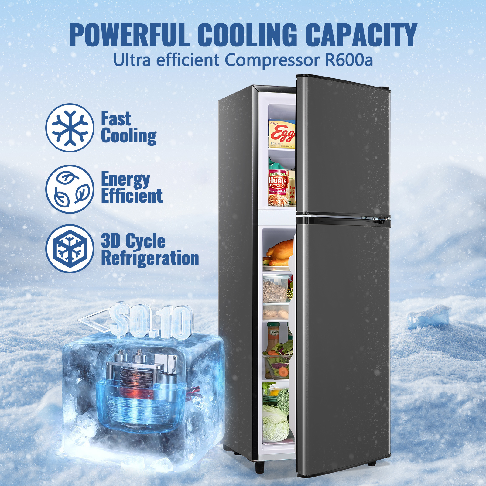 JIEJIA Double Door Small Refrigerator, 5.0 Cubic Feet Mini Fridge with 7-Level Adjustable Thermostat for Office, Dorm, Bedroom, Home and Apartment, Gray