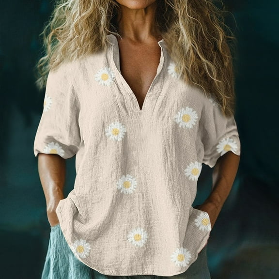 Tittly Linen Tunic Cotton Blouses for Women Oversized Button Down Shirts for Women Women Baggy Cotton Linen Tops Stylish Print Blouse For Women Long Sleeve V Neck T Shirt Beige