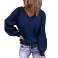 thumbnail image 1 of Suéter de manga larga para mujer, informal, suelto, con cuello en V, mangas de burbujas de color puro, suéter de punto para otoño e invierno, azul marino M, 1 of 6
