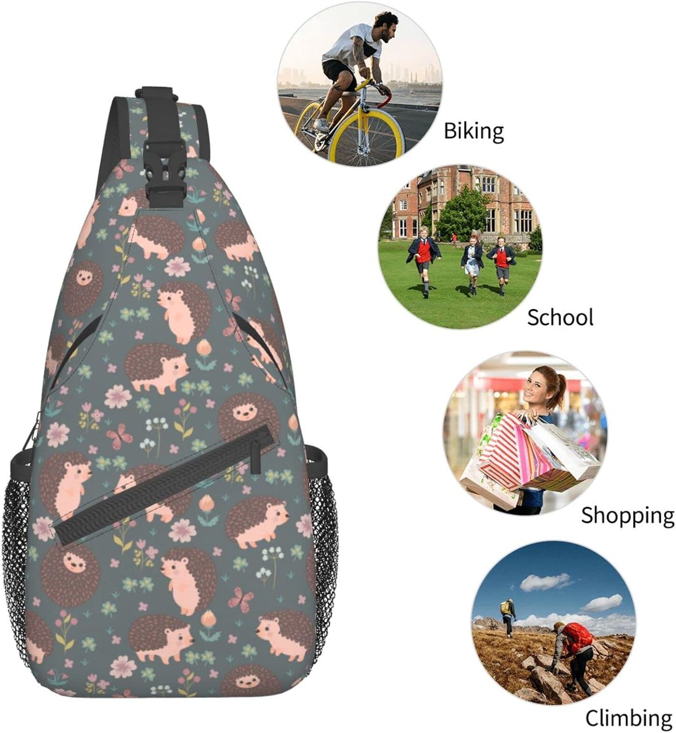 Cute Hedgehog and Flowers Pattern Sling Bag Crossbody Hiking Travel Chest Bags Backpack Shoulder Daypack for Women Men