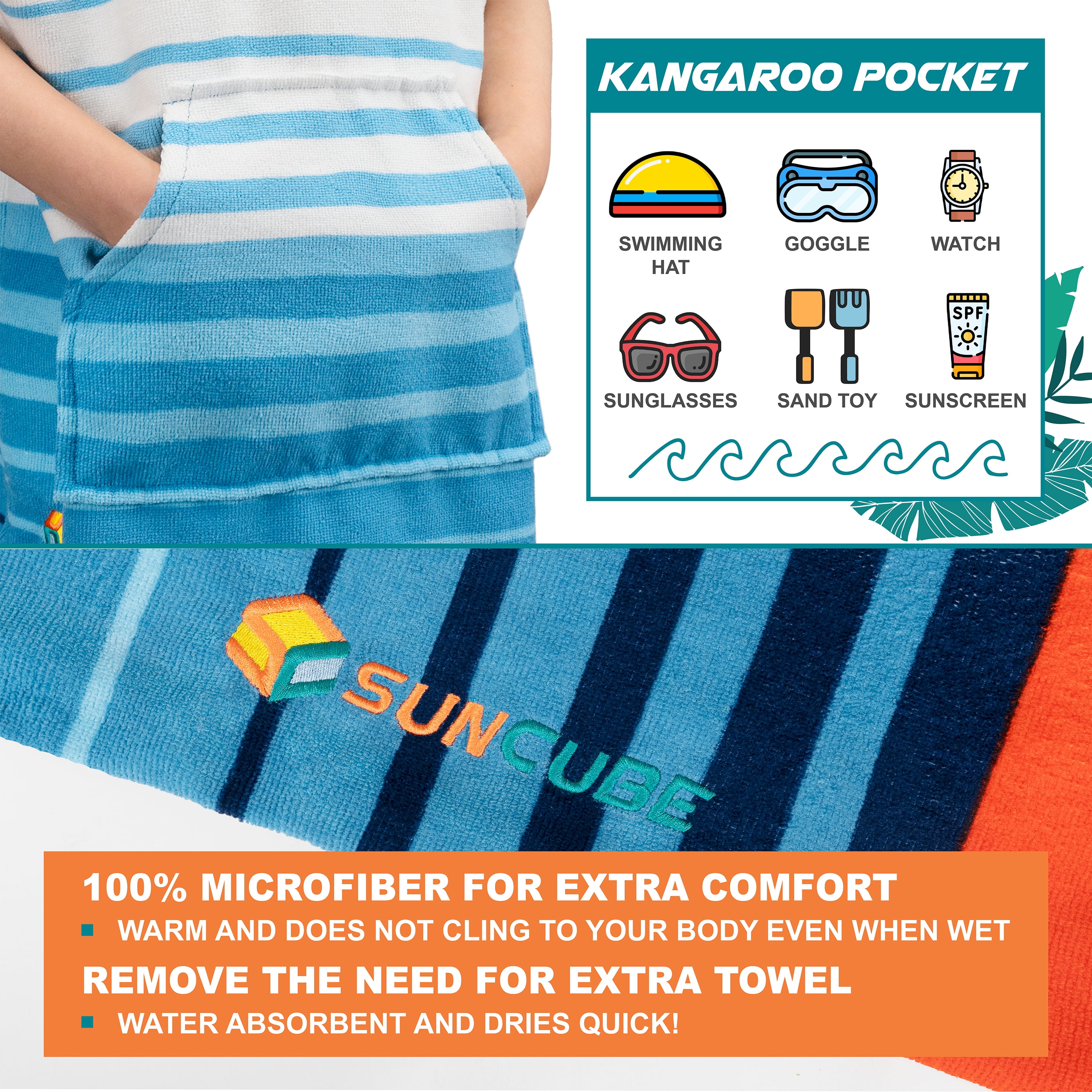 SUN CUBE Kids Changing Robe Surf Poncho, Kids Beach Towels, Hooded Towel For Teens Bath Pool, Microfiber Quick Dry Wearable Towel Poncho with Hood, Swim Towel for Girls 8-12 Years,  Orange Stripe