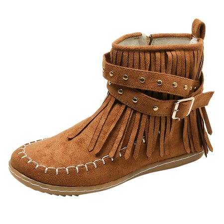 

Ankle Boots for Women Casual Vintage Solid Color Fringeies Comfortable Flat Mid Cylinder Round Head Plus Size Western Boots